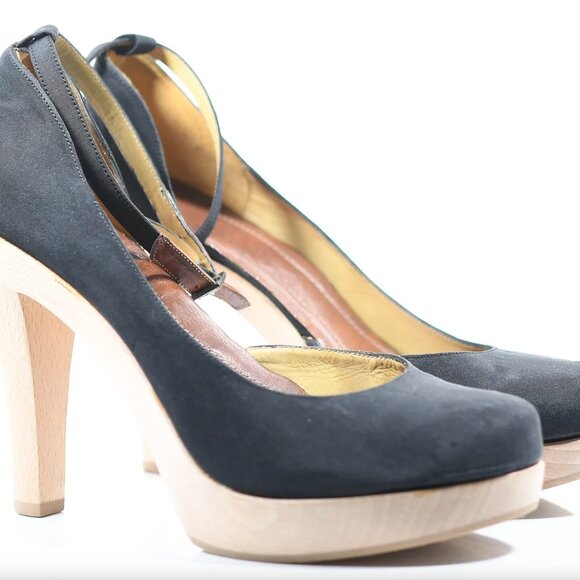Lanvin Satin Wooden Heel Platform Ankle Strap Pumps - Size 39 - Picture 2 of 9